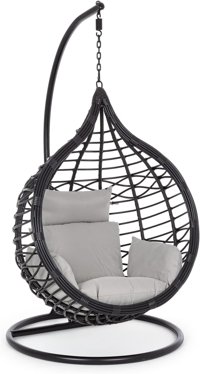 Sedia sospesa, Decor Space, Poltrona a dondolo sospesa 'Torres' per giardino e veranda in rattan con cuscino Nero