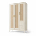 Armadio in legno e rattan con tre ante e due cassetti color crema