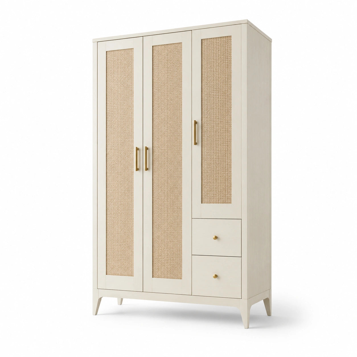 Armadio in legno e rattan con tre ante e due cassetti color crema