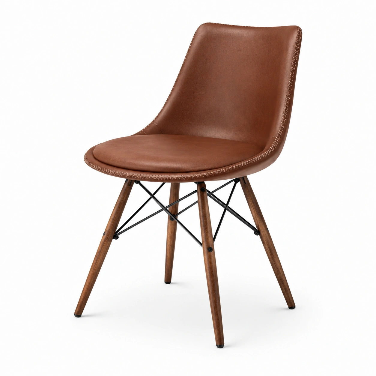 Sedia in pelle sintetica marrone con gambe in legno e metallo
