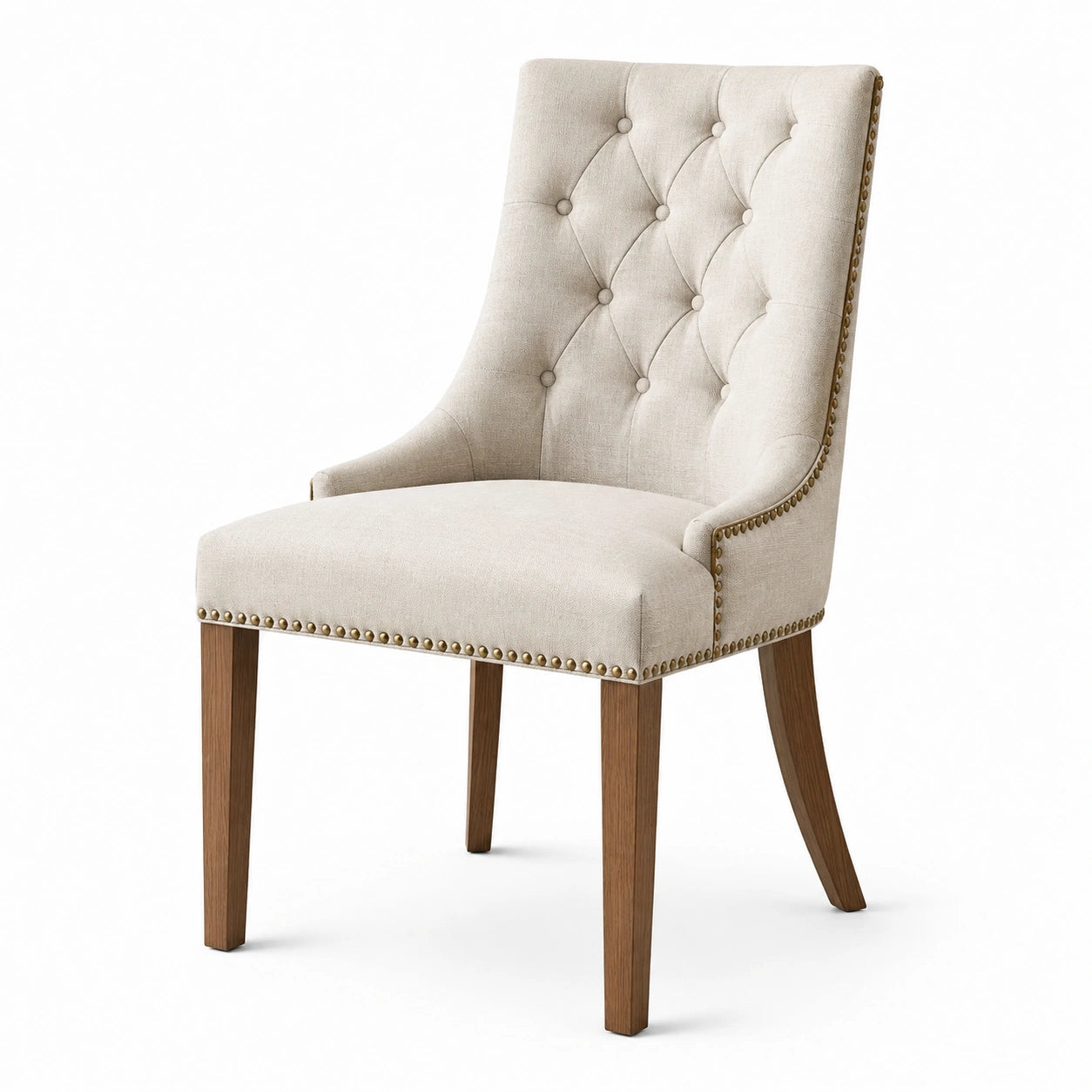 Sedia in legno e lino beige con dettagli decorativi