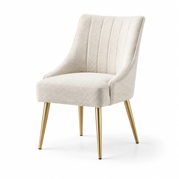 Sedia in tessuto bouclé beige con gambe in metallo dorato