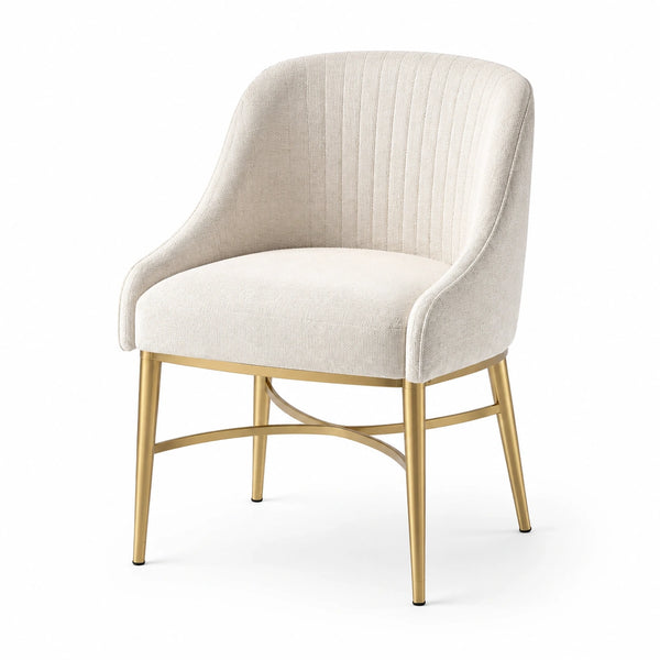 Sedia in tessuto beige con struttura in metallo dorato