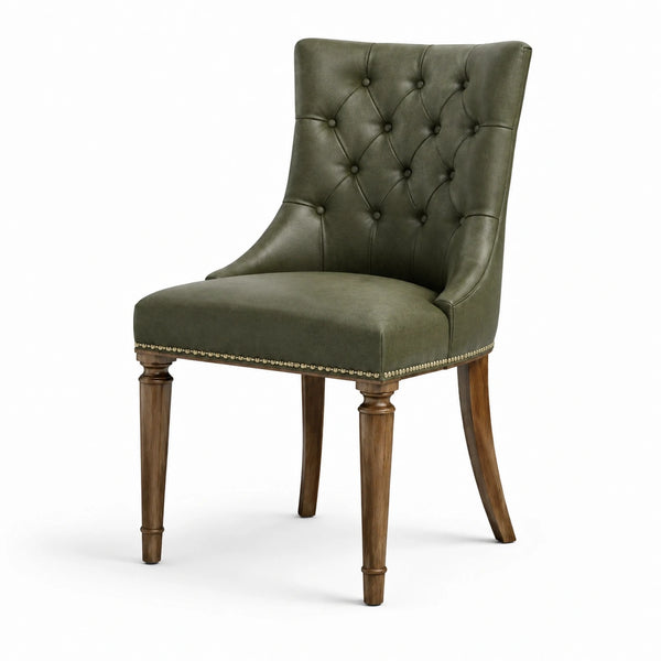 Sedia da pranzo imbottita in pelle sintetica verde con gambe in legno