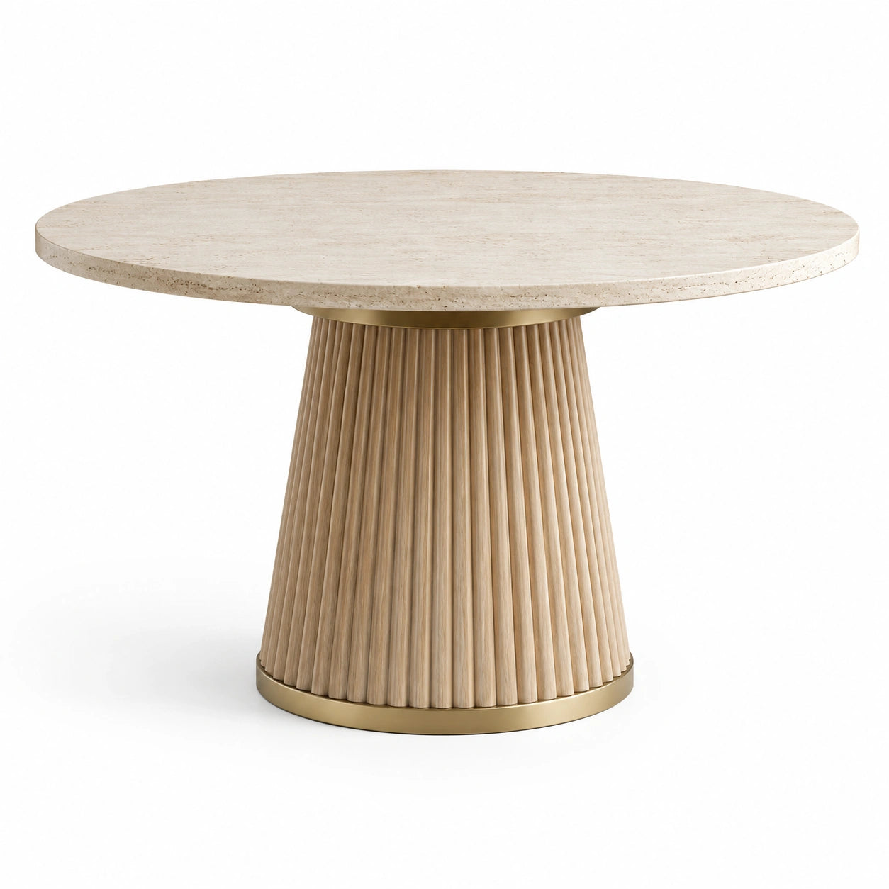 Tavolo rotondo in travertino e rovere con base in ottone, diametro 120 cm