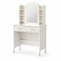 Toeletta in Legno MDF con Specchio LED e Cassetti Bianco e Dorato