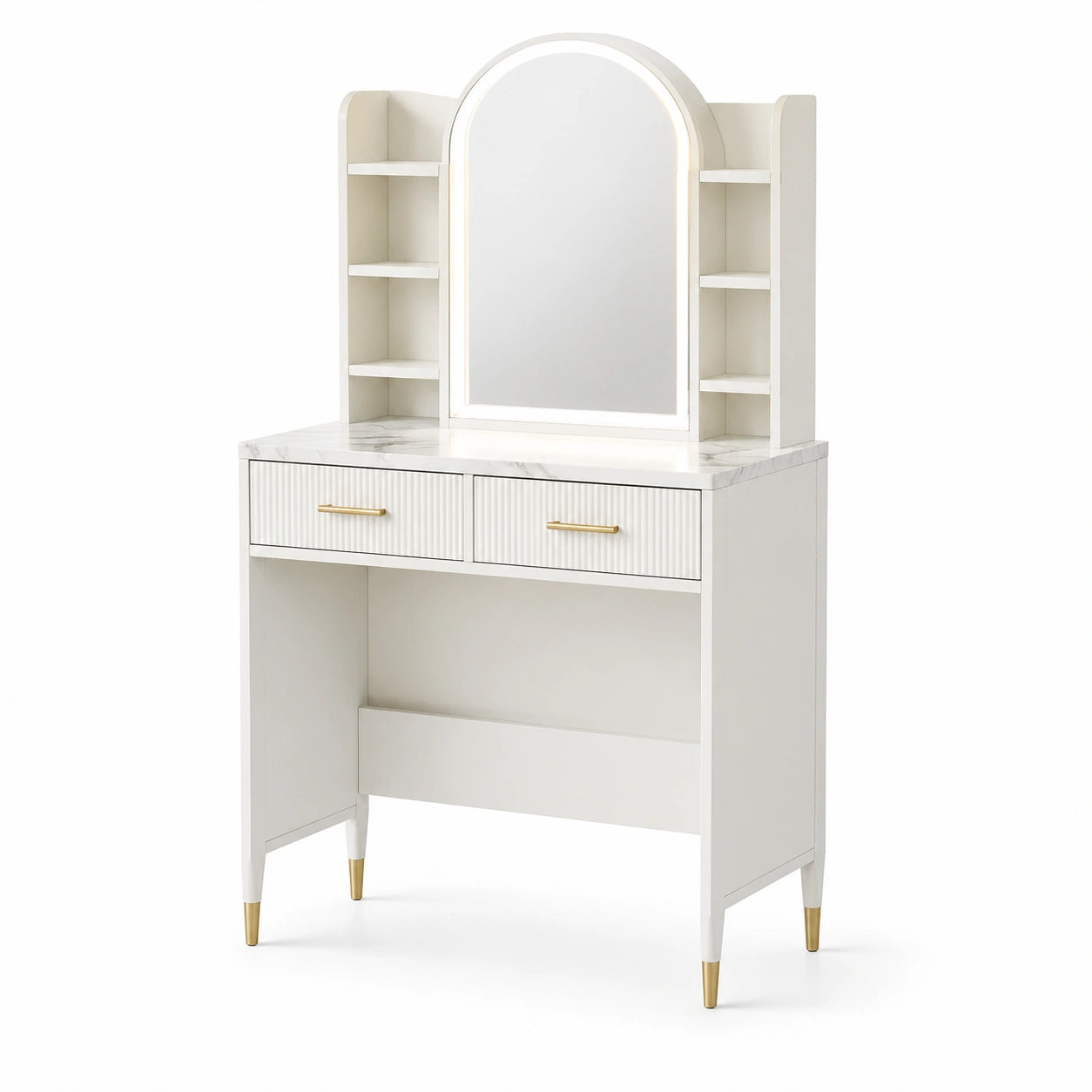 Toeletta in Legno MDF con Specchio LED e Cassetti Bianco e Dorato