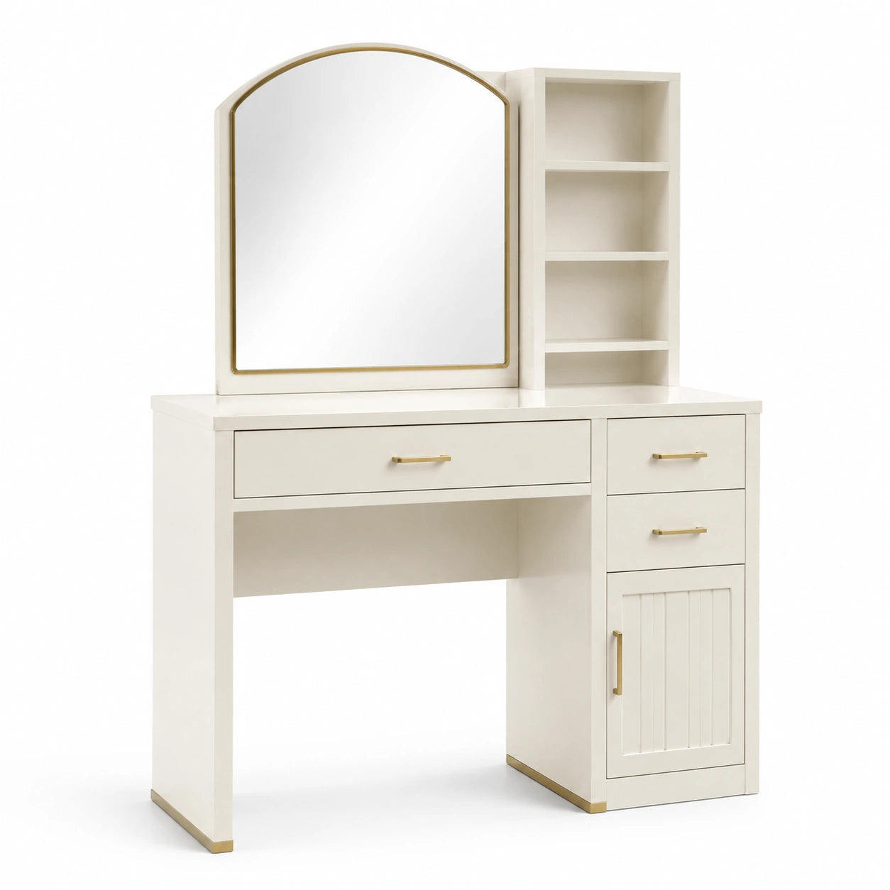 Toeletta in legno MDF con specchio ad arco e scaffali