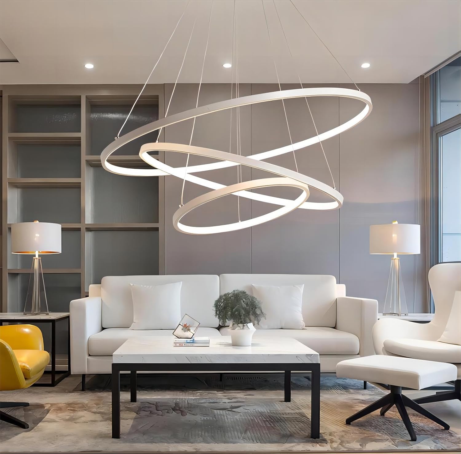 Qiaomao Lampade a sospensione, 3000K, Dimmerabile Lampadari Soggiorno con Telecomando 115 W, Lampadario Sospensione LED Moderna Bianco