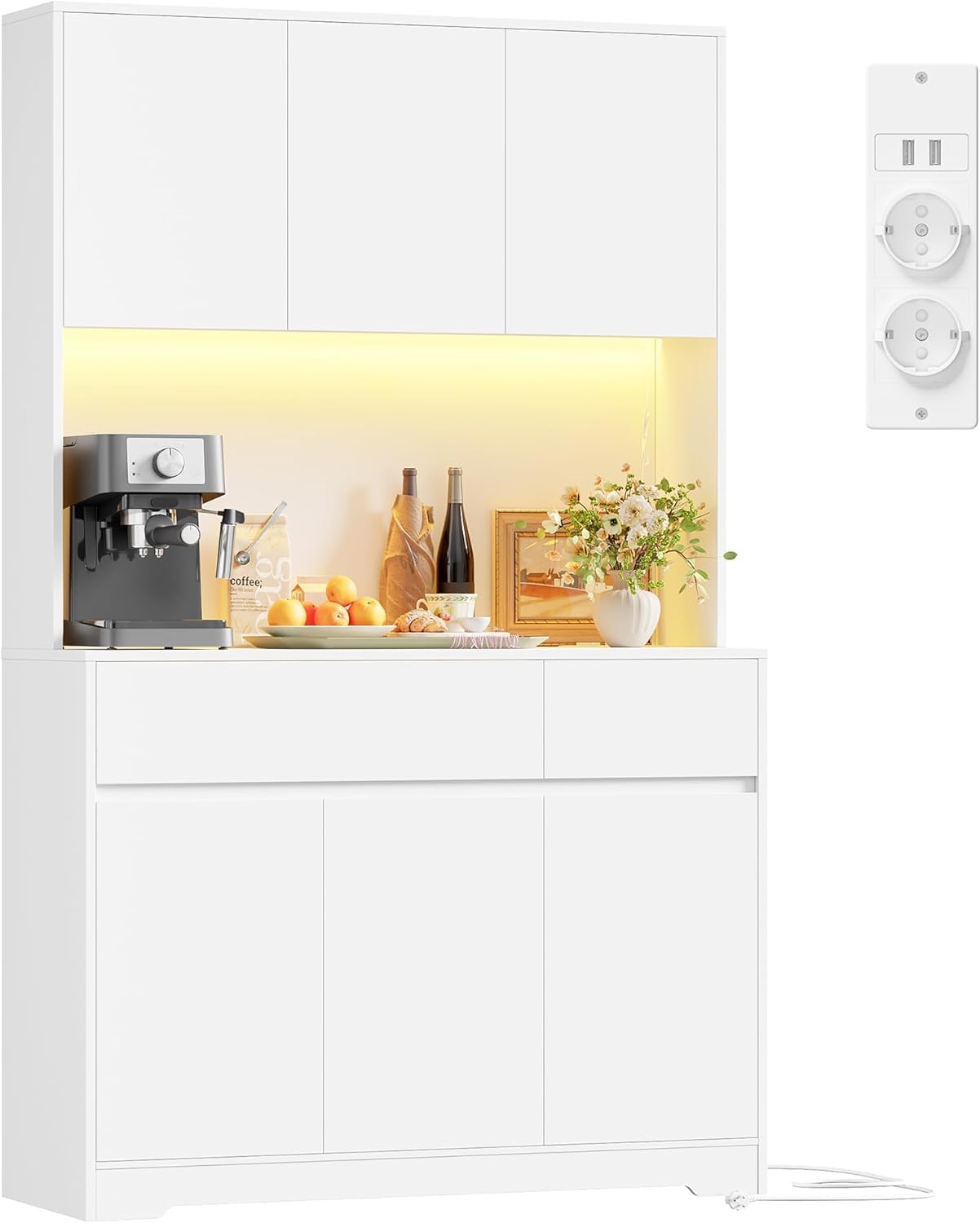 Credenza, Cucina Alta con Presa e Luce LED, Mobile Cucina, per Sala da Pranzo, Mobile Dispensa con Ripiani Regolabili, Ampio Piano di Lavoro, FirFurd