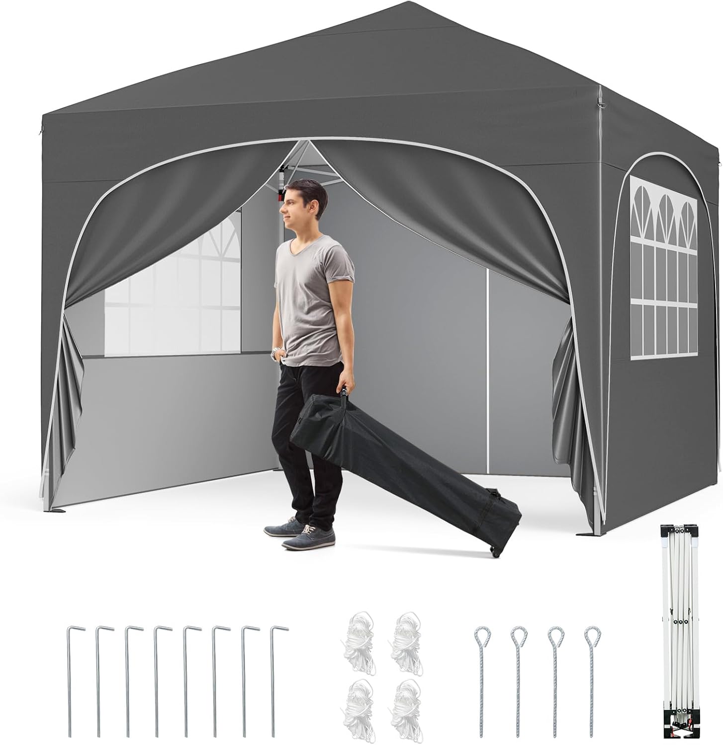 Gazebo, Tendone per Giardino (Grigio), Piehevole da Esterno 3 x 3 m, Regolabile in Altezza con Pareti Rimovibili, Borsa con Ruote, Picchetti, COSTWAY