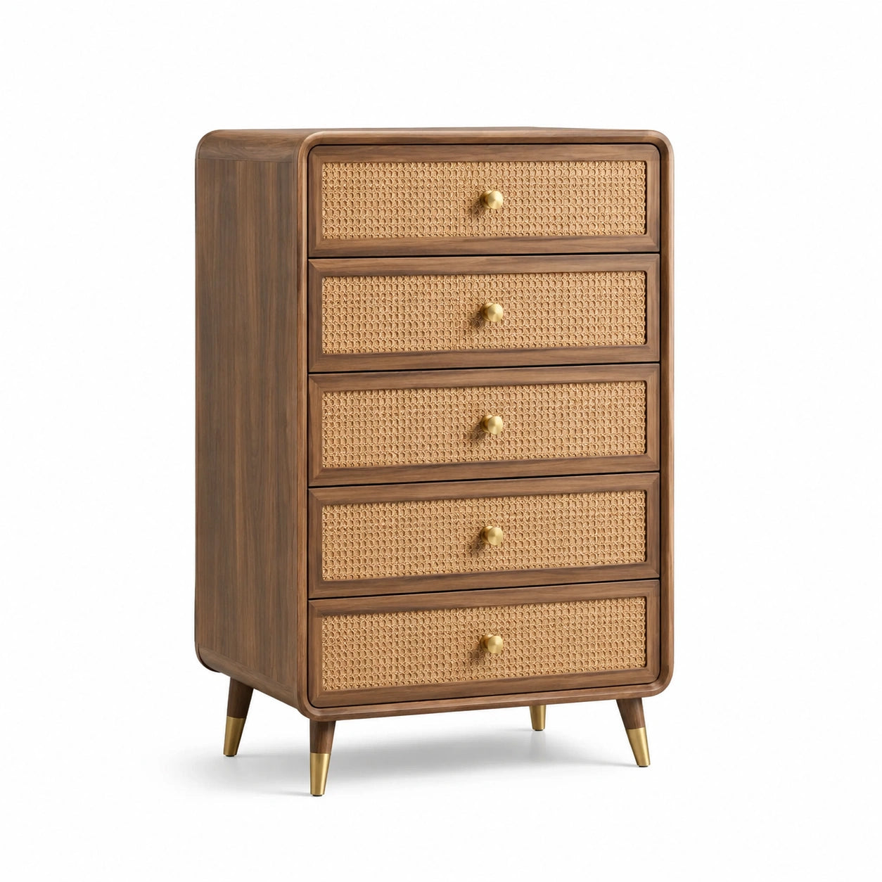 Cassettiera in legno e rattan con 5 cassetti, colore naturale, 90x45x120 cm