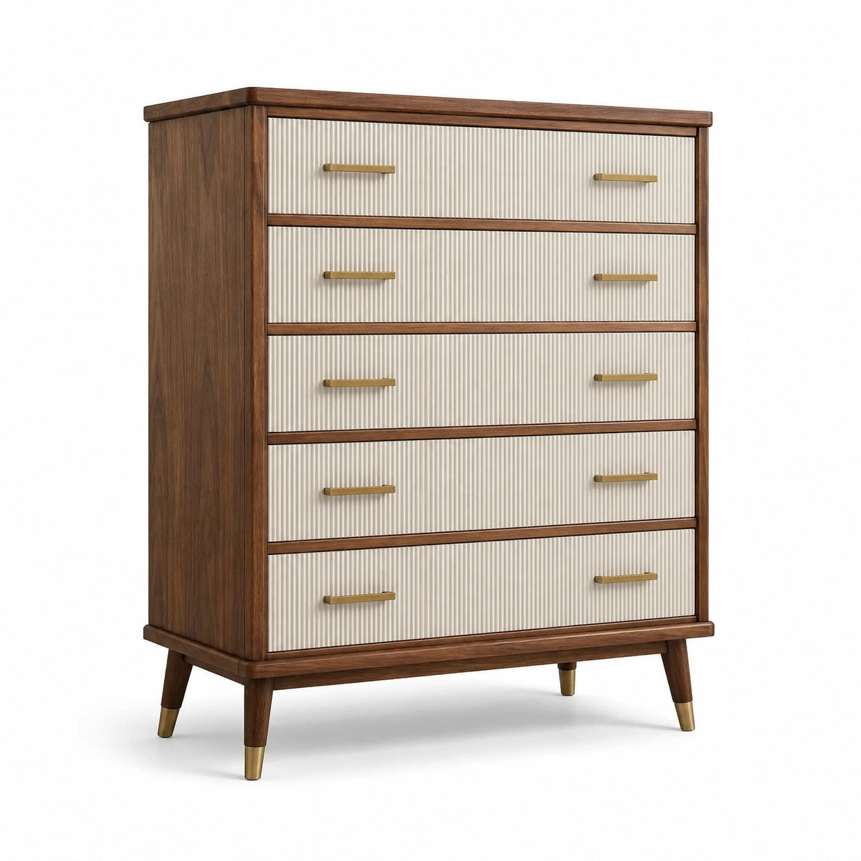 Cassettiera in legno noce e MDF crema con maniglie in metallo
