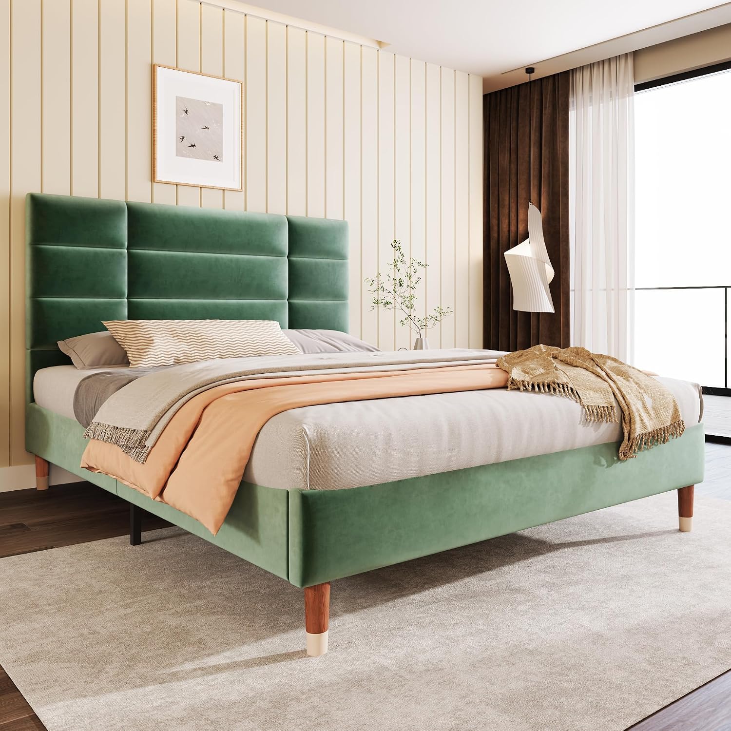 Letti, per adulti e ragazzi, 140 x 200 cm, struttura imbottita con testiera in velluto, verde scuro, senza materasso, Merax