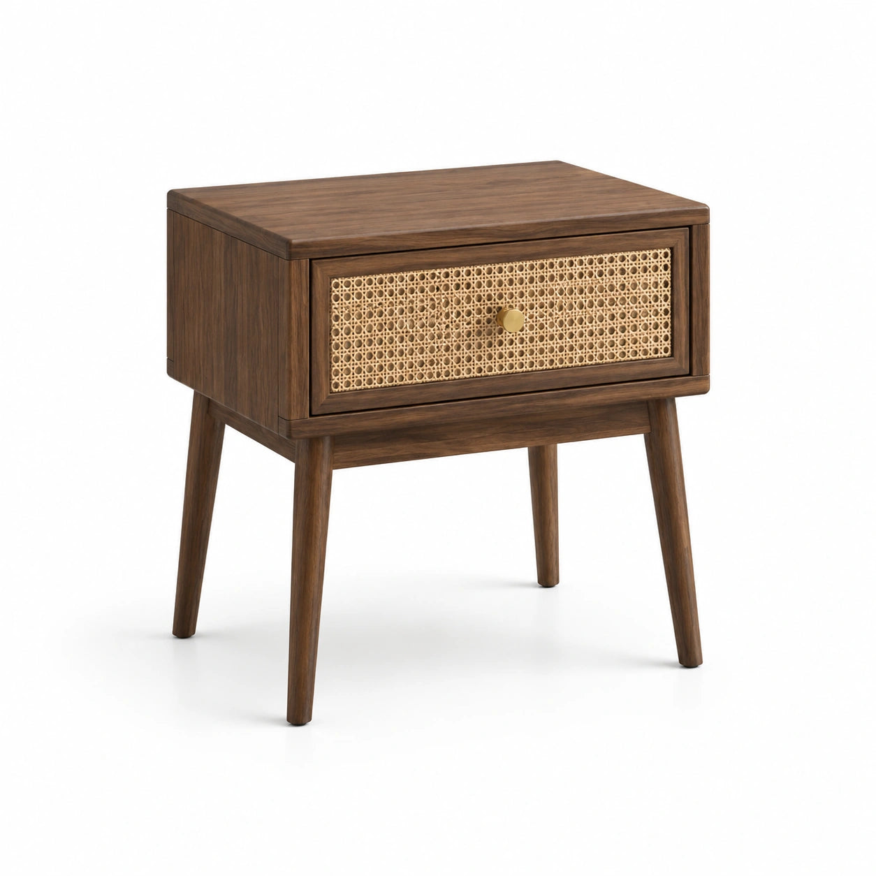 Comodino in legno con cassetto in rattan