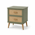 Comodino con due cassetti in legno e rattan verde