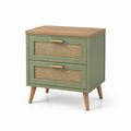 Comodino in legno verde con cassetti in rattan