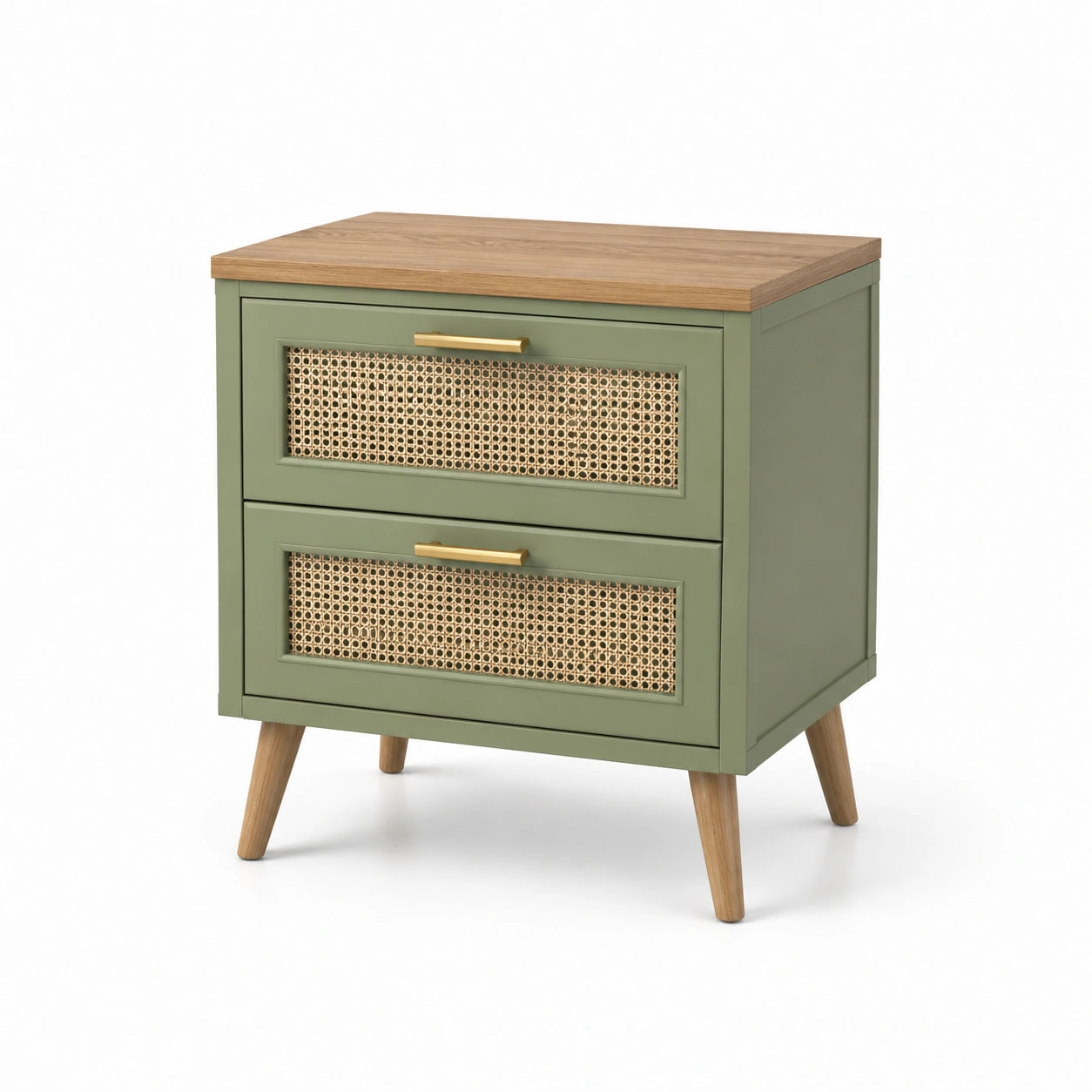 Comodino in legno verde con cassetti in rattan