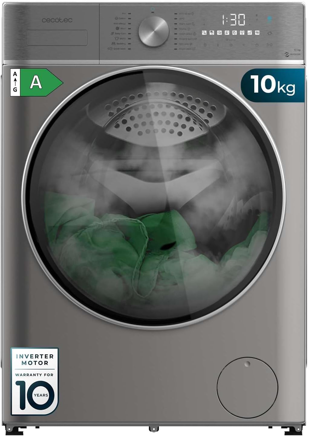 Cecotec Lavatrice, min, Motore Inverter Plus, Asciugatrice 10-6 kg Carica Frontale Bolero Wash&Dry 10680 Inverter Steel A. 1400 giri, 16 Programmi