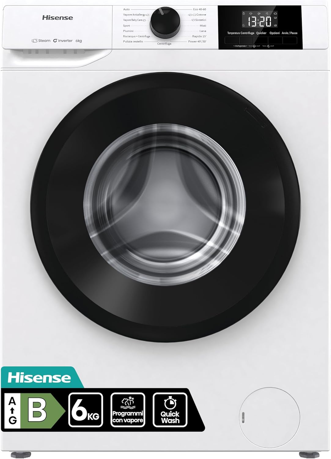 Lavatrice, – Slim Carica Frontale 6 kg, 15 Programmi, Quick Wash 15', Power 30', 49', Classe B, Allergy Care, Motore Inverter, Hisense WF1G6021BW