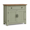 Credenza in legno di pino con piano in rovere, verde chiaro, 2 ante 1 cassetto
