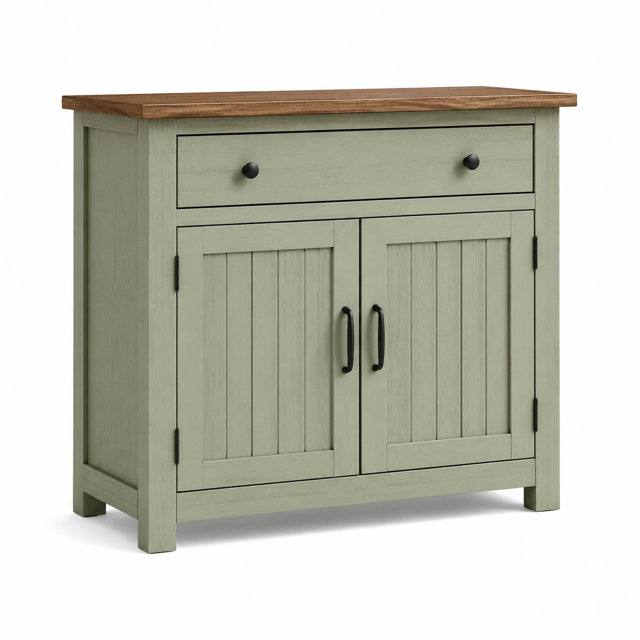 Credenza in legno di pino con piano in rovere, verde chiaro, 2 ante 1 cassetto