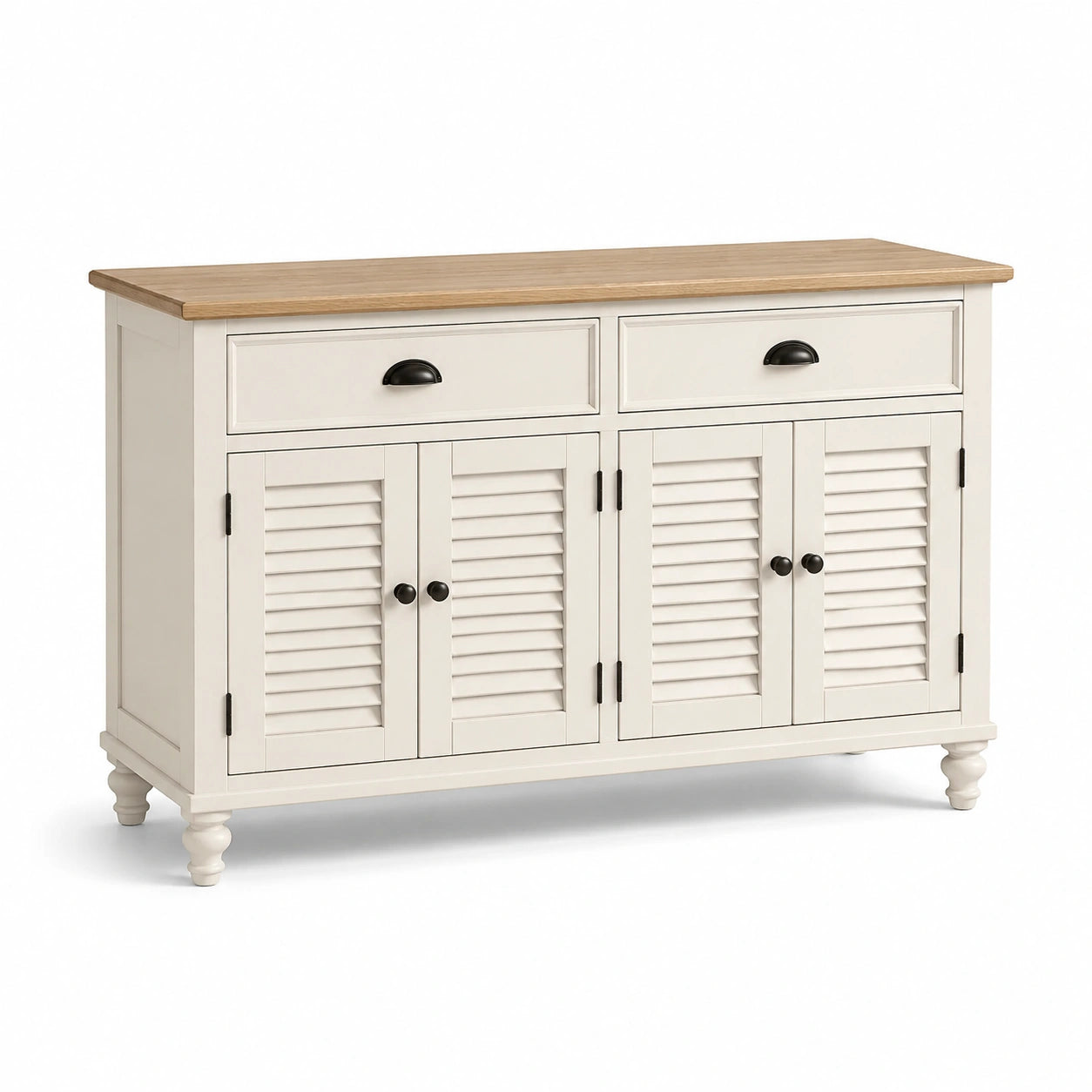 Credenza in legno di pino bianco crema con piano in quercia