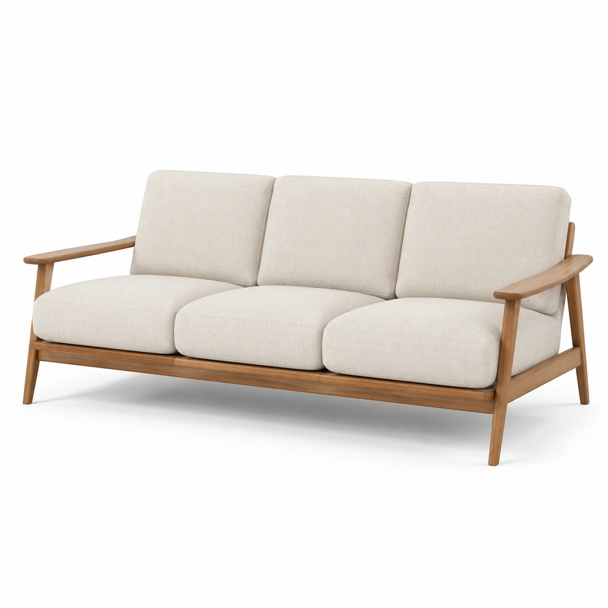 Divano a tre posti in legno con tessuto beige