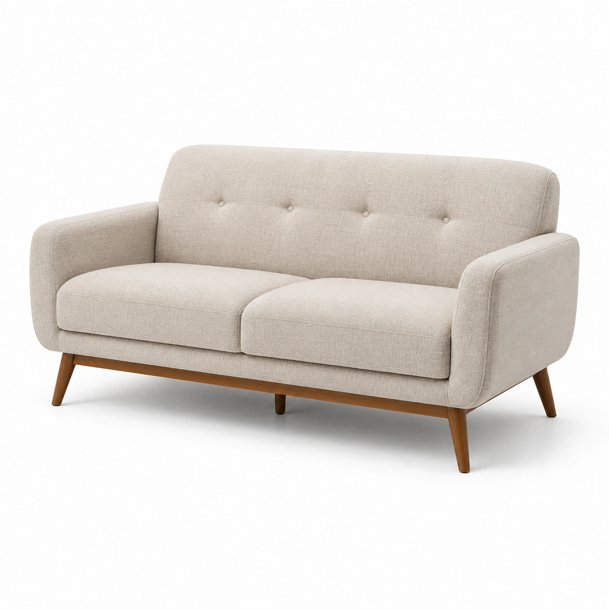 Divano due posti in tessuto beige con struttura in legno