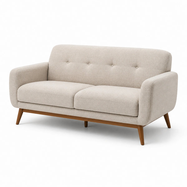 Divano due posti in tessuto beige con struttura in legno