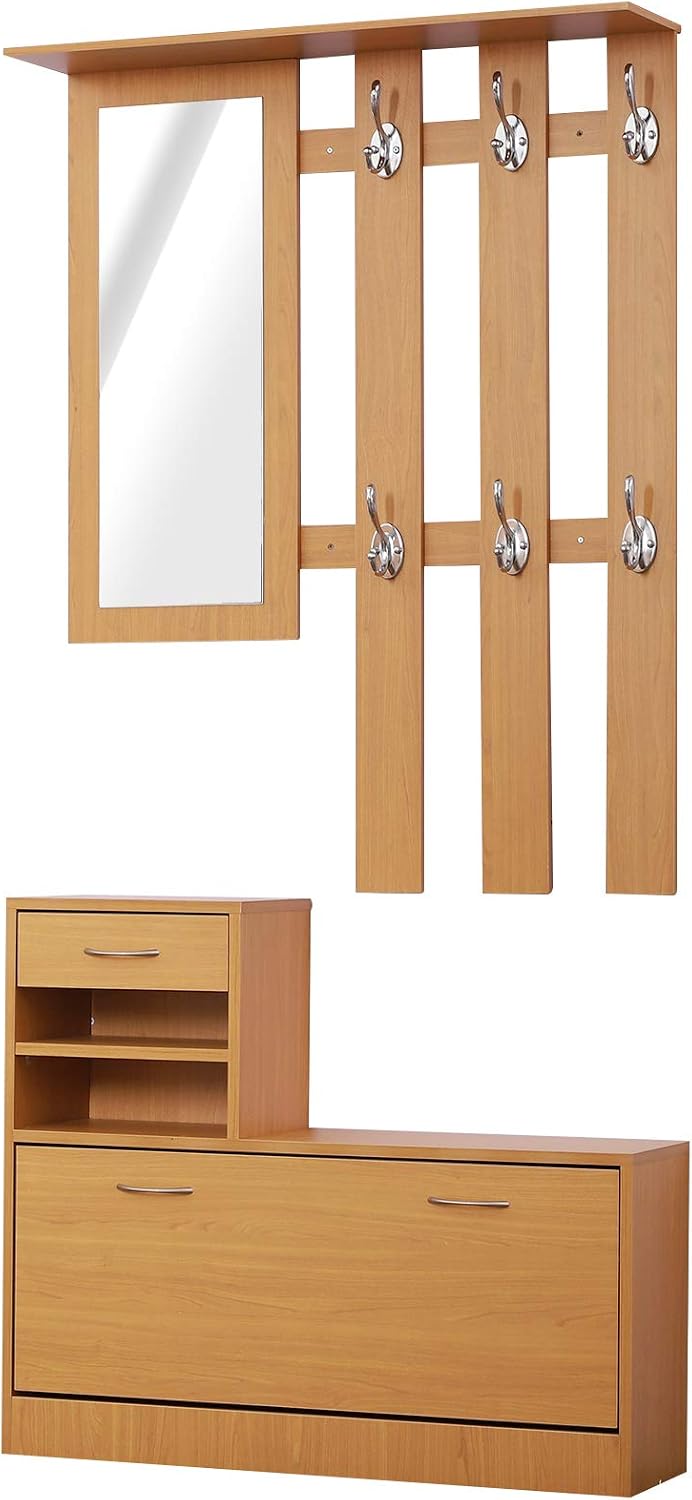HOMCOM Set arredo ingresso, Appendiabiti da Ingresso con 6 Ganci, 2 Ripiani Regolabili e Cassetti in Legno per Corridoio