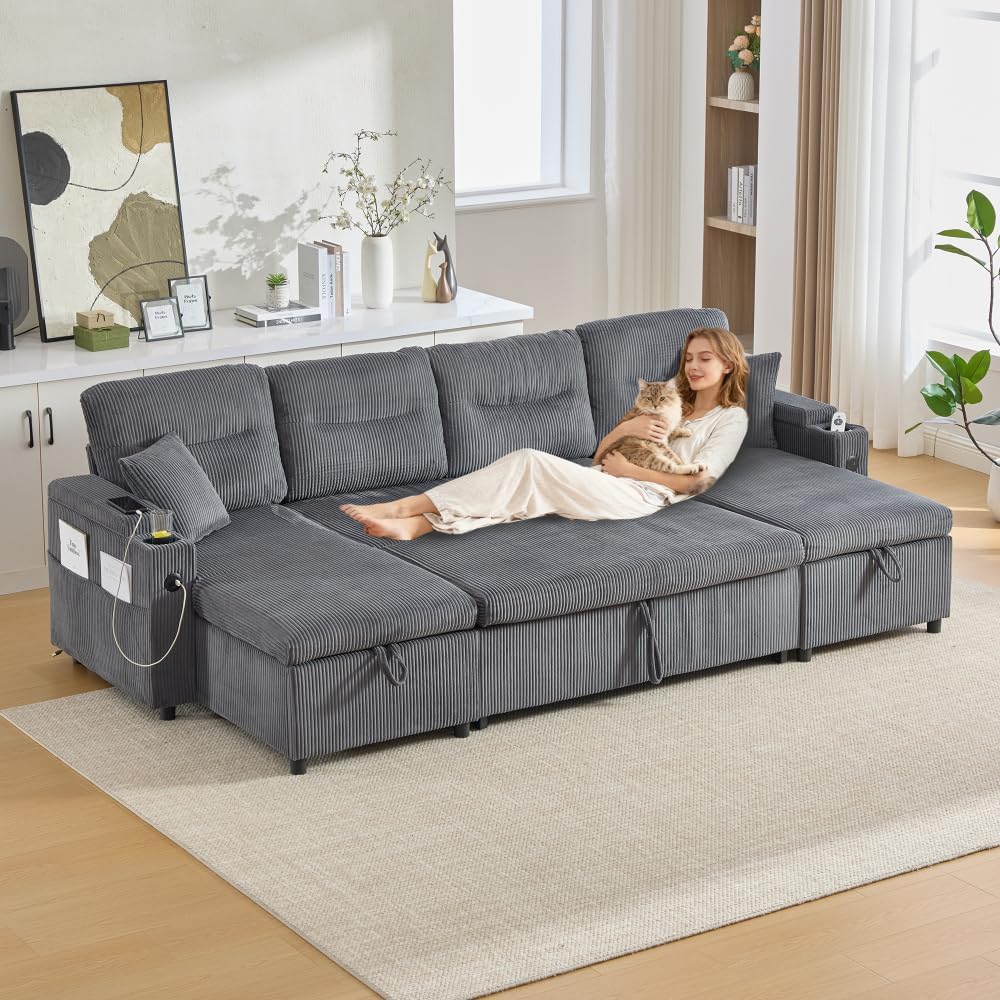 Lubvtti Divano, letto 4 posti con portabicchieri, 4 posti moderno in velluto a coste, angolare a U con chaise longue (Grigio carbone + 4 posti)