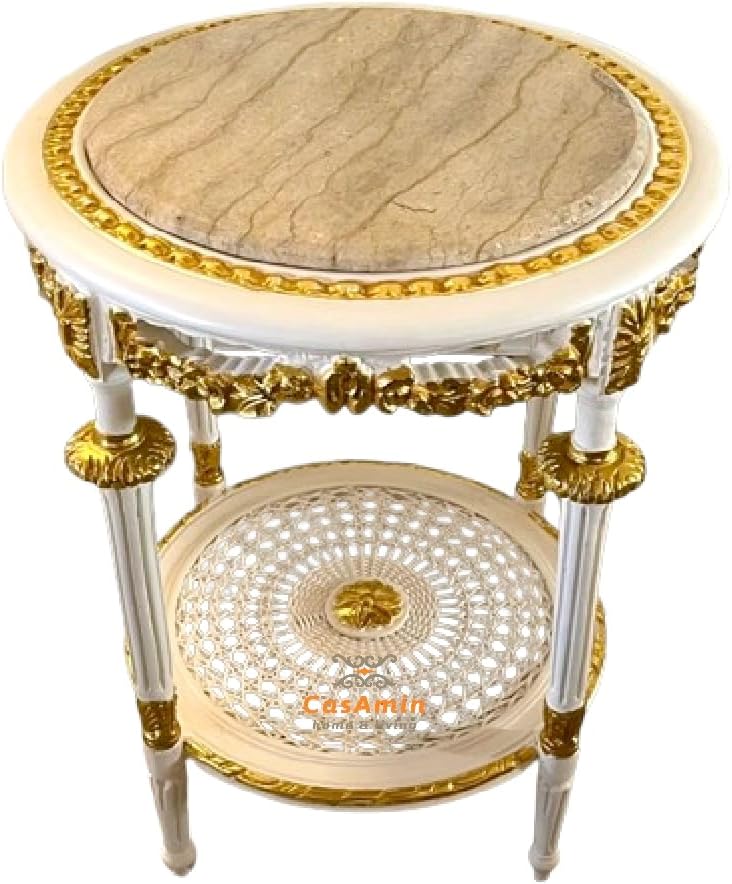 CasAmin Home & Living Tavolini da caffè, Tavolino rotondo bianco in legno stile barocco vintage realizzato a mano con piano in marmo