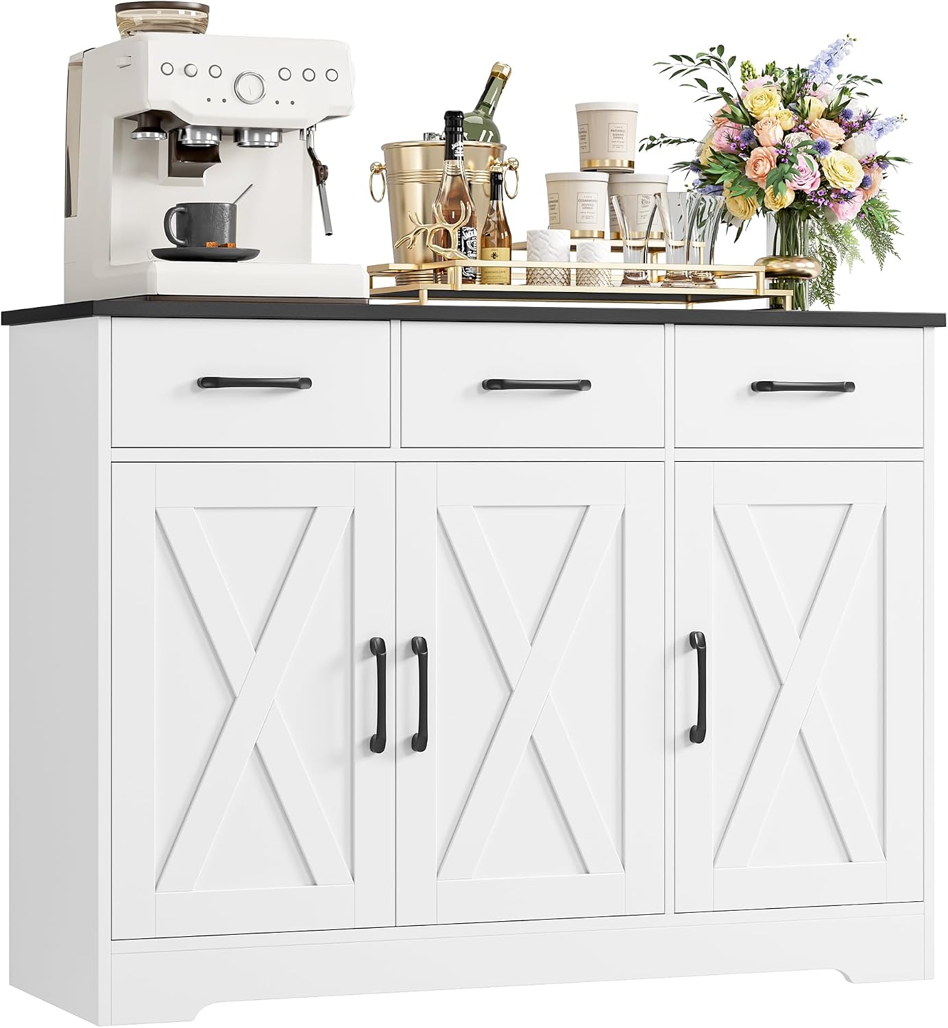 Credenza, Mobile Cucina con 3 Cassetti e 3 Armadi, Mobile per Cucina Ingresso Foyer, Buffet Mobile Moderno, Soggiorno, Bianco+Nero, HOCSOK