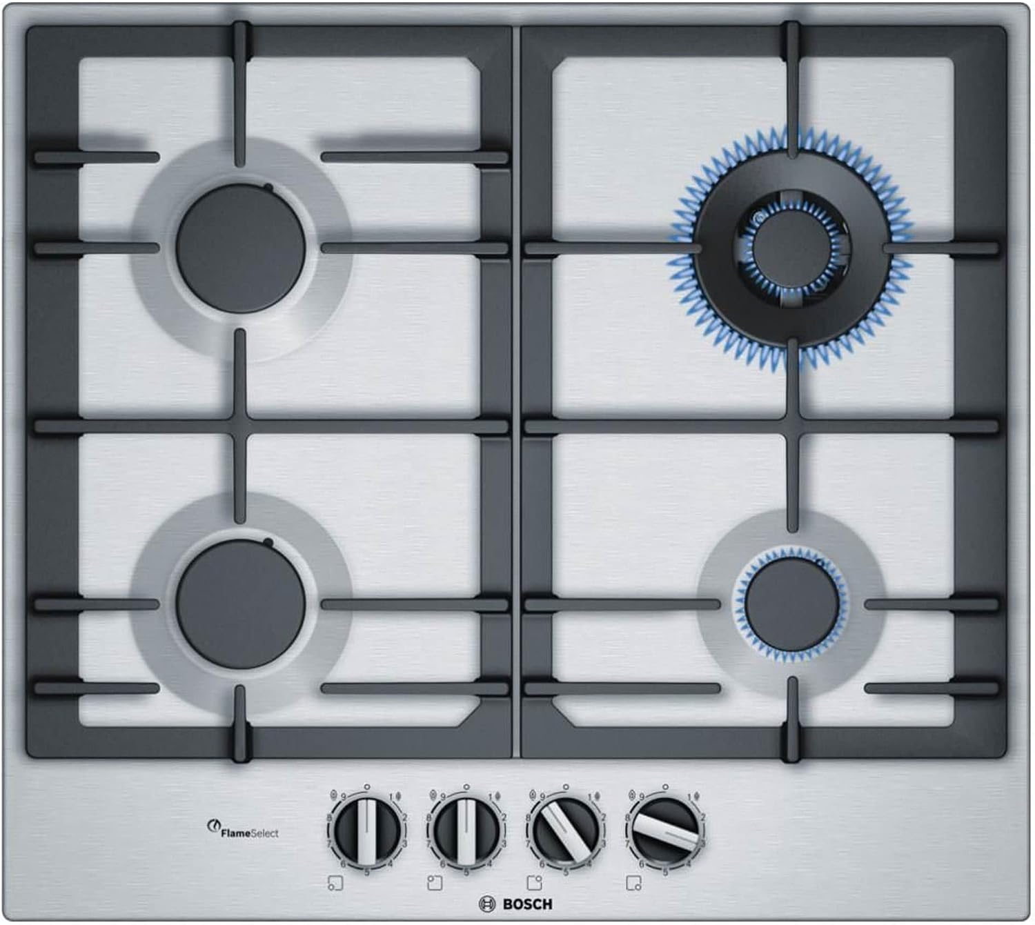 Bosch PCH6A5B90 Piano cottura, a gas, FlameSelect: regolazione con nove livelli di potenza predefiniti, WOK, griglie in ghisa, Serie 6, Acciaio