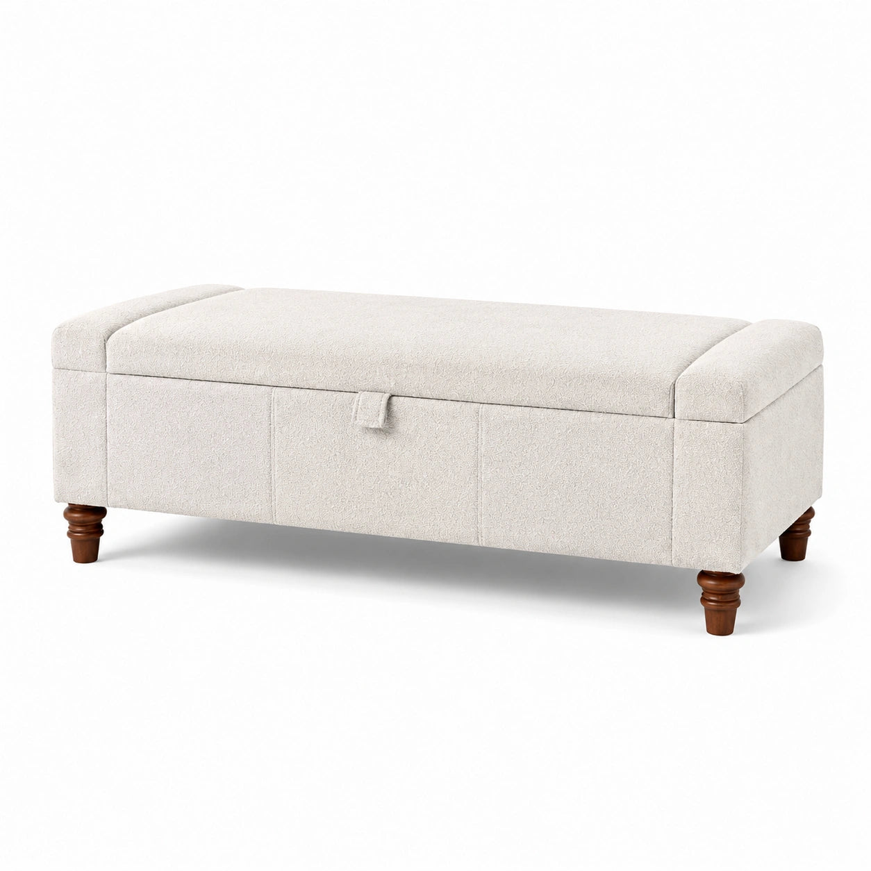 Panca in tessuto beige con gambe in legno e contenitore