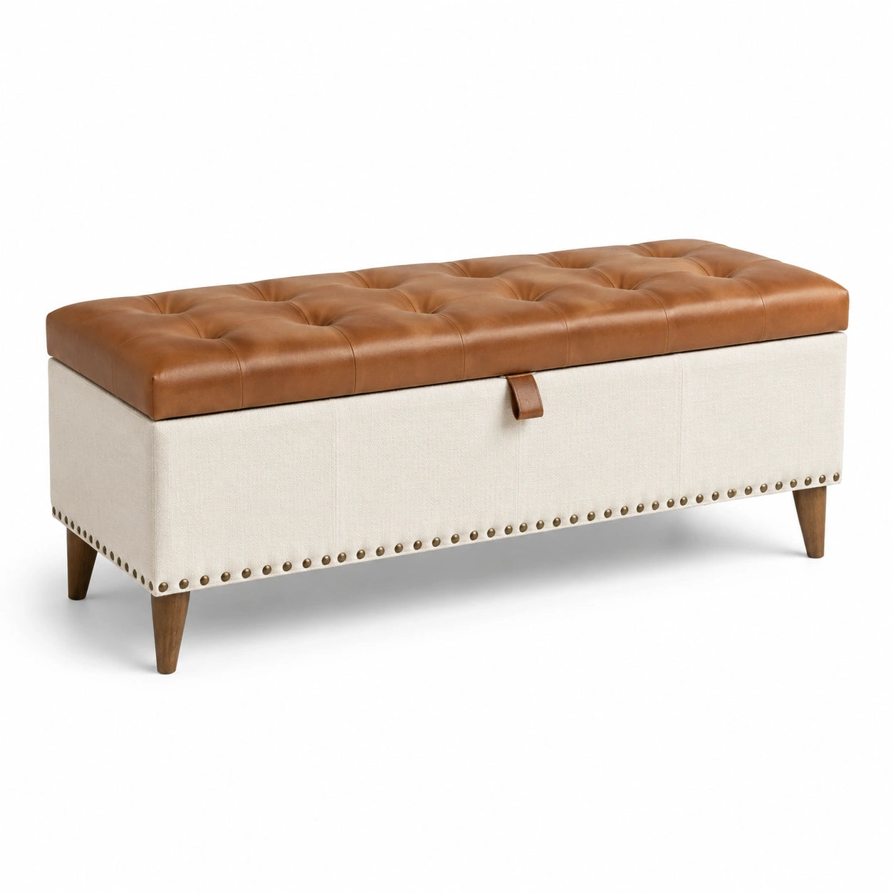 Panca contenitore in pelle e lino marrone chiaro e beige
