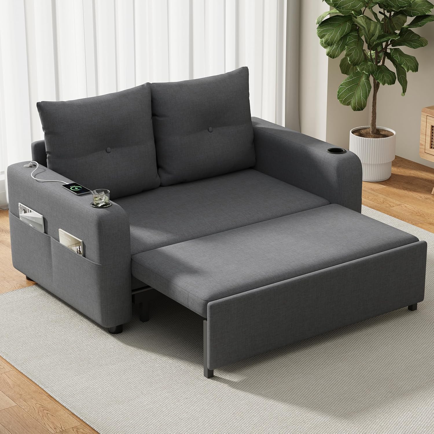 Lcoho Divano, letto estraibile con funzione sonno, doppio con porta bevande, letto 3 in 1, adatto per soggiorno e camera da letto (grigio)