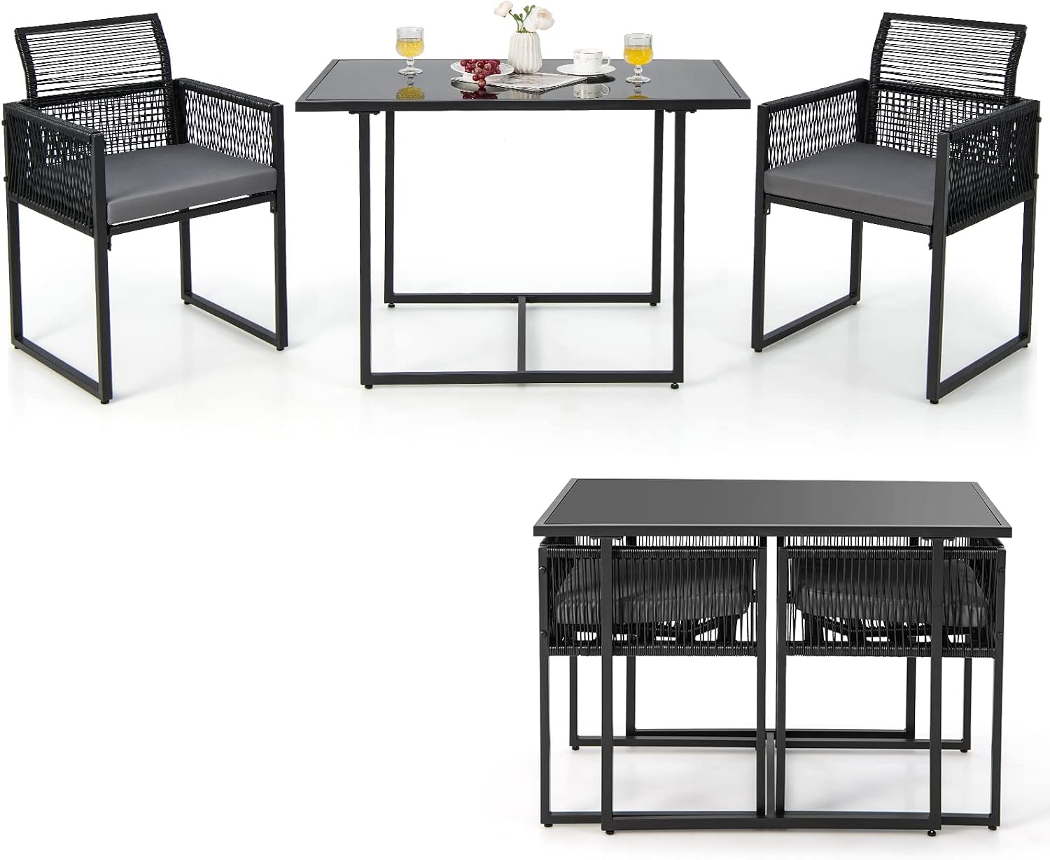 Set mobili da giardino, Tavolo in Vetro Temperato, per Balcone Giardino, Set di 3 Pezzi Pranzo da Giardino, COSTWAY