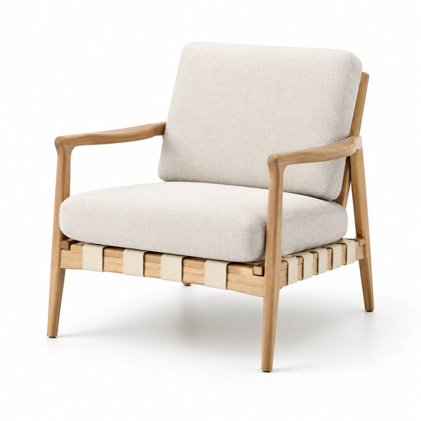 Poltrona in Legno Massello con Rivestimento in Tessuto Beige