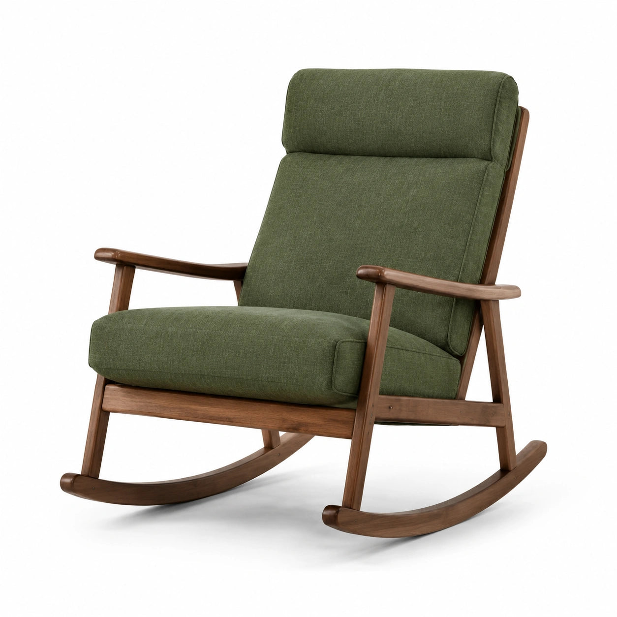 Sedia a dondolo in legno con cuscini in tessuto verde