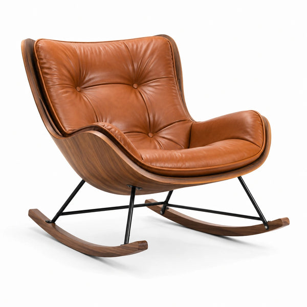 Sedia a dondolo in pelle marrone con struttura in legno e metallo