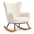 Sedia a dondolo in tessuto bouclé crema con struttura in metallo e base in legno