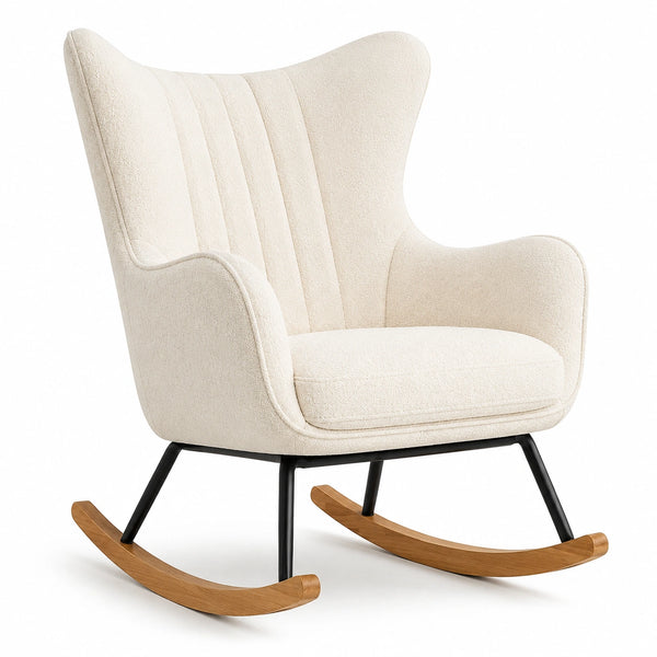 Sedia a dondolo in tessuto bouclé crema con struttura in metallo e base in legno
