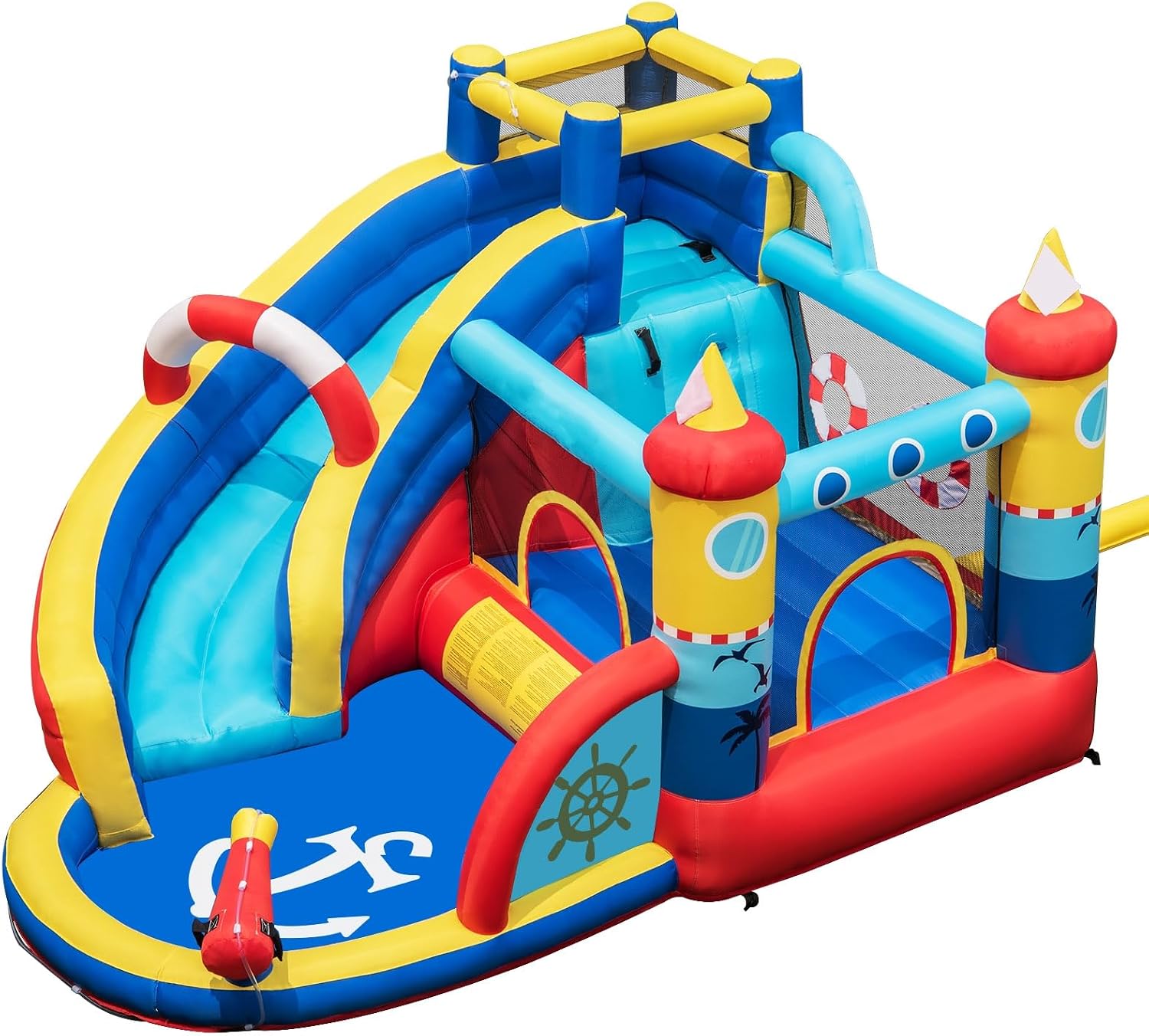 LIFEZEAL Giochi e castelli gonfiabili, Parco Aquatico, con Rete Protettiva, Scivolo, Trampolino, Piscina, Cannone dell'Acqua, Tema di Navigazione