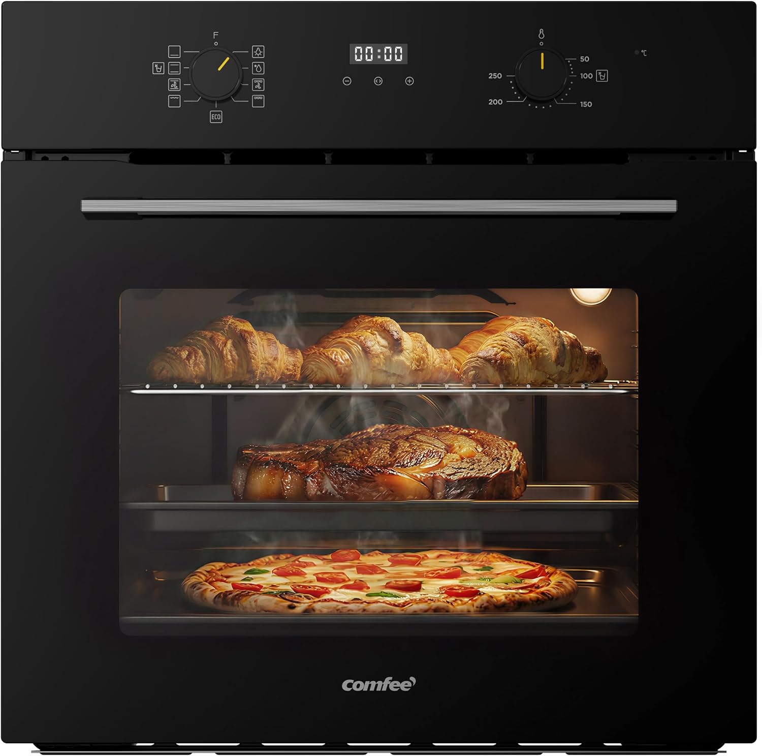 COMFEE' CBO70M80D2-BK Forno da incasso, Forno Elettrico Ventilato da Incasso Multifunzione, Classe A, Capacità 70 L, 10 Funzioni di Cottura