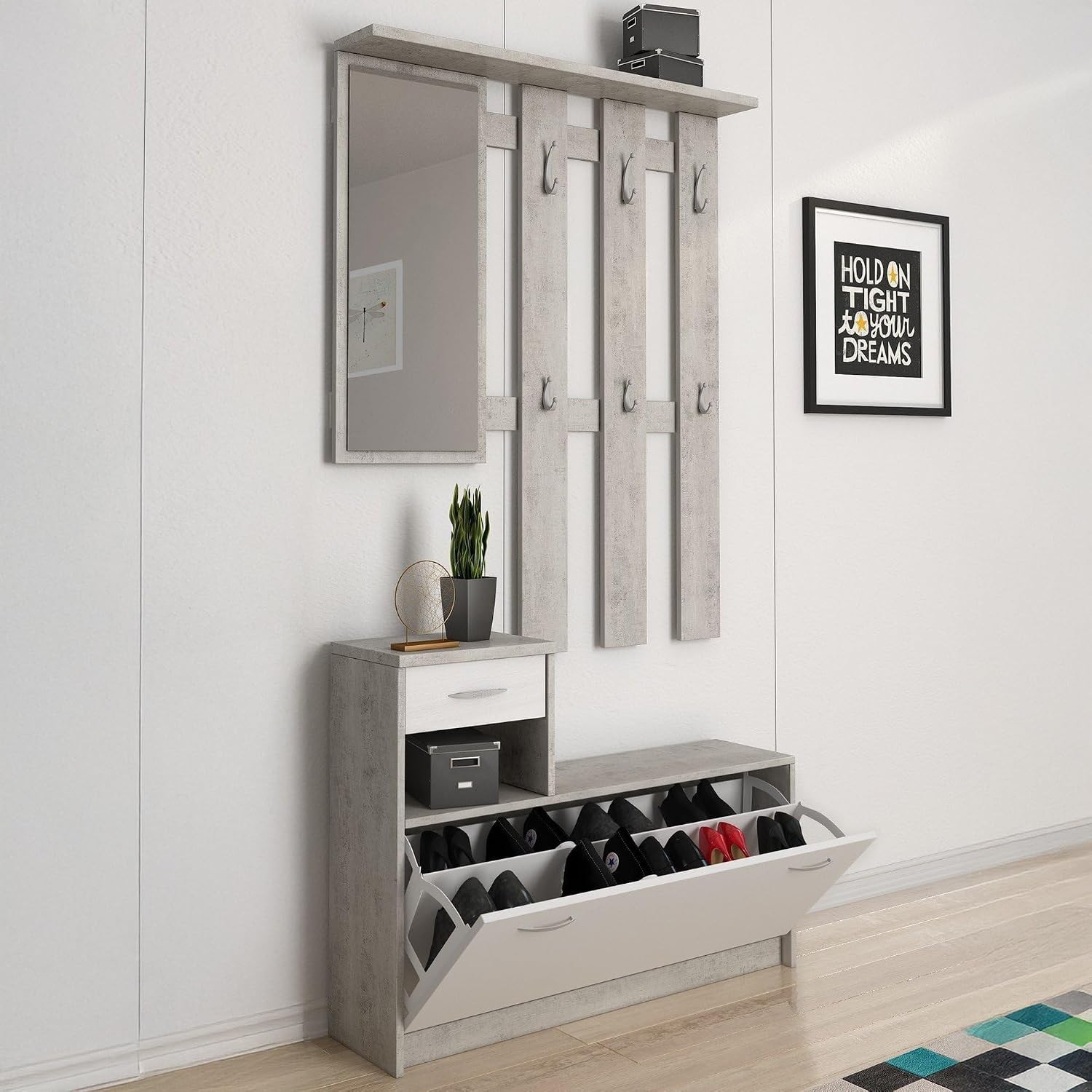 Set arredo ingresso, CALITAN FURNITURE FACTORY SP Z O.O., MOBILE DA INGRESSO KEN CEMENTO E LARICE BIANCO