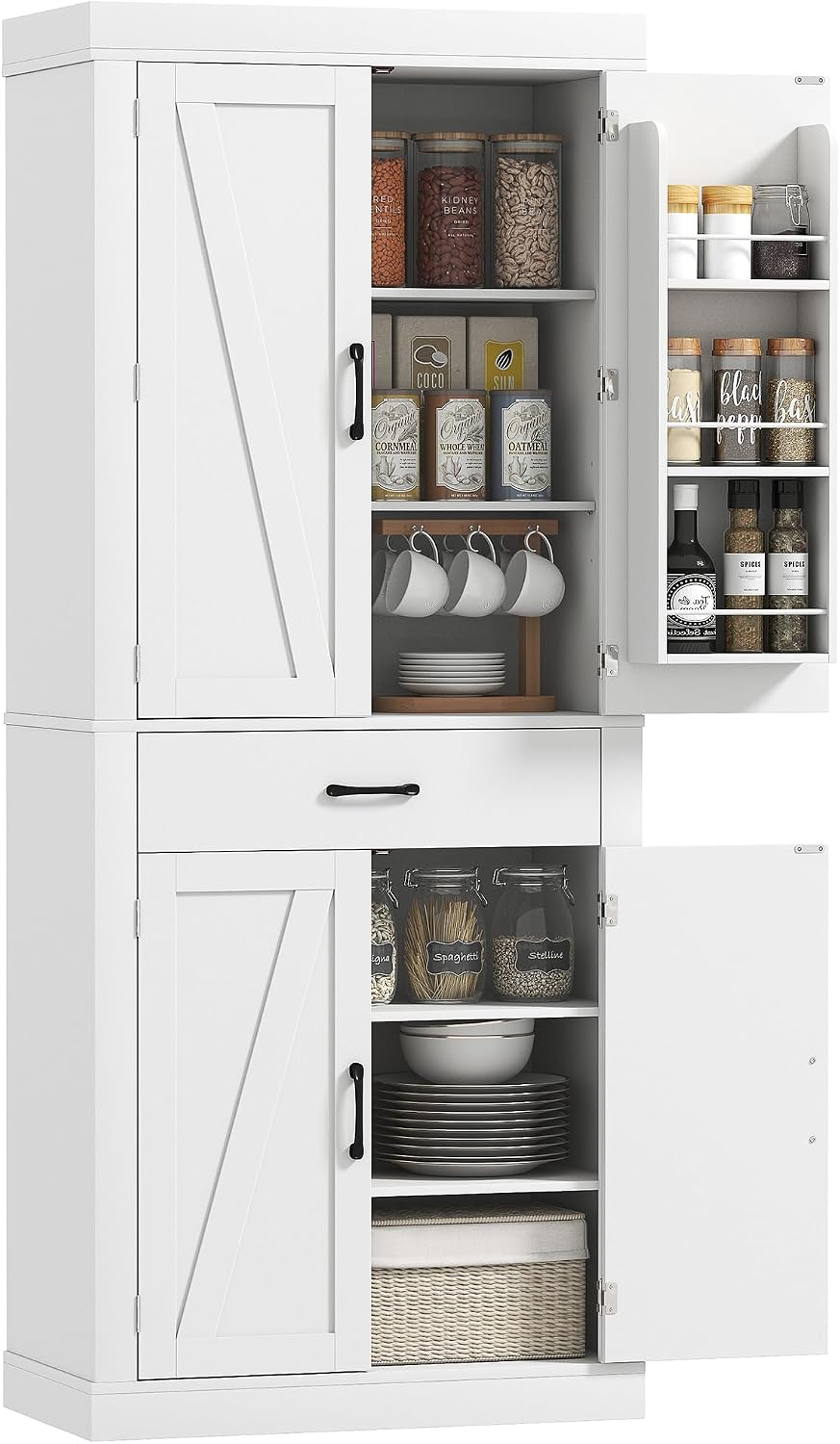 Credenza, Mobile Cucina con 6 Portaspezie sulla Porta, per Sala da Pranzo, 4 Ante a Fienile e Cassetto, Soggiorno, Bianco, HOMCOM