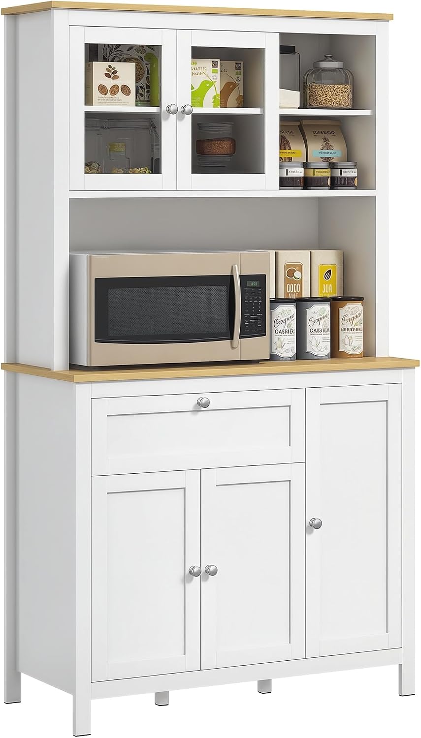 HOMCOM Credenza, Cassetto e Piano Portamicroonde, Mobile Dispensa con Ante in Vetro, Cucina con Armadietti, Mobile Cucina per Soggiorno, Bianco
