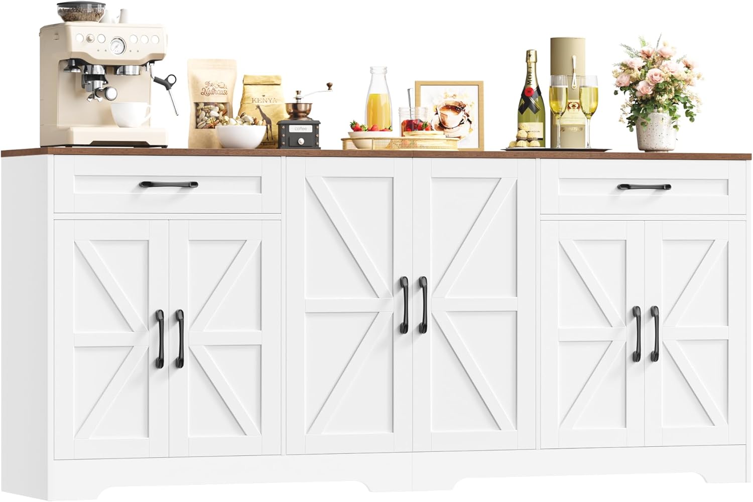 HOCSOK Credenza, Mobile TV, 180×87×34, Cucina, Soggiorno con 2 Cassetti 6 Ante per Sala da Pranzo, Bianco